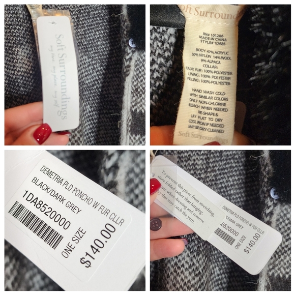 NWT Soft Surroundings Wool Alpaca Blend Black Grey Plaid Poncho Faux Fur Collar - Picture 3 of 16